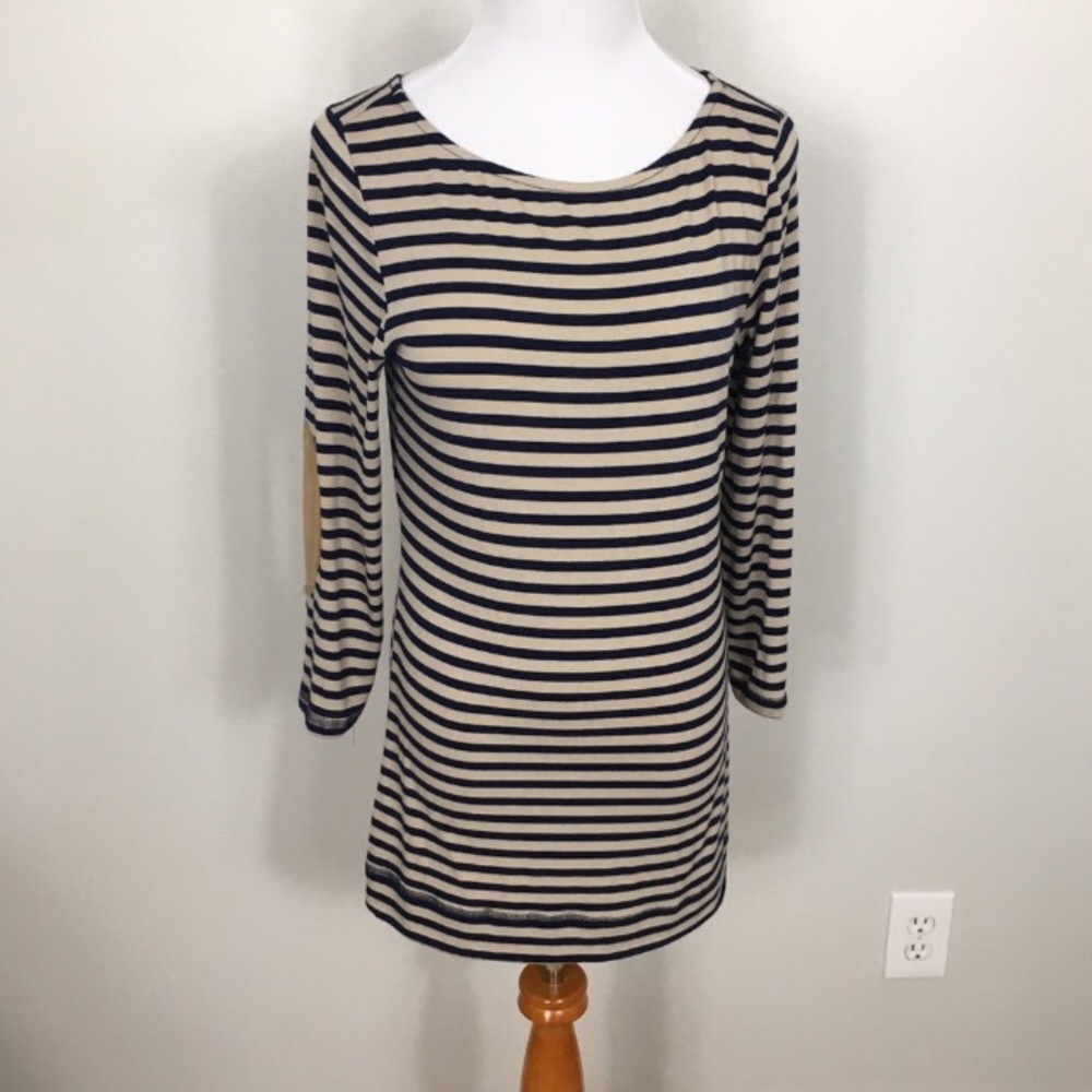 Tan and navy striped top patches on elbow